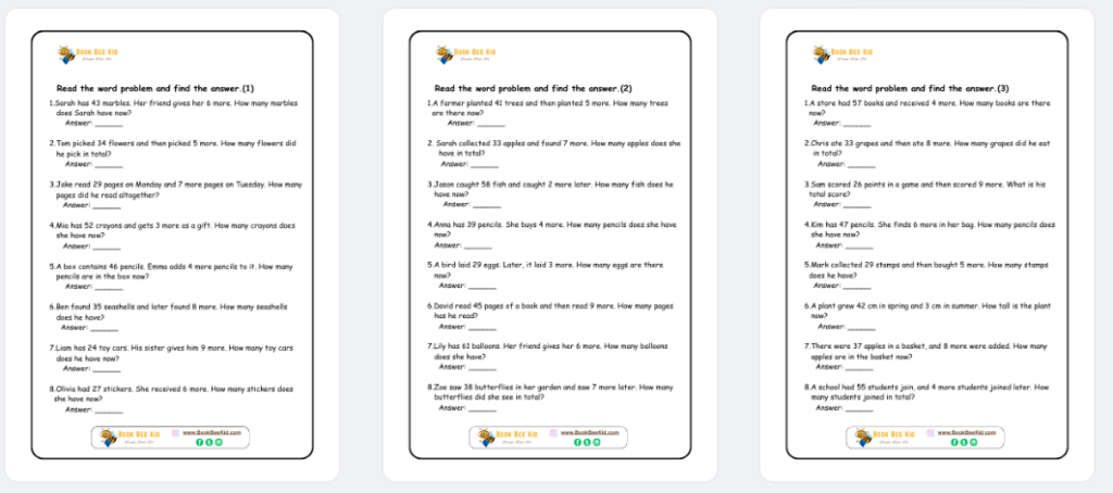 Math worksheet for Grade 03 students- Addition- Word problems