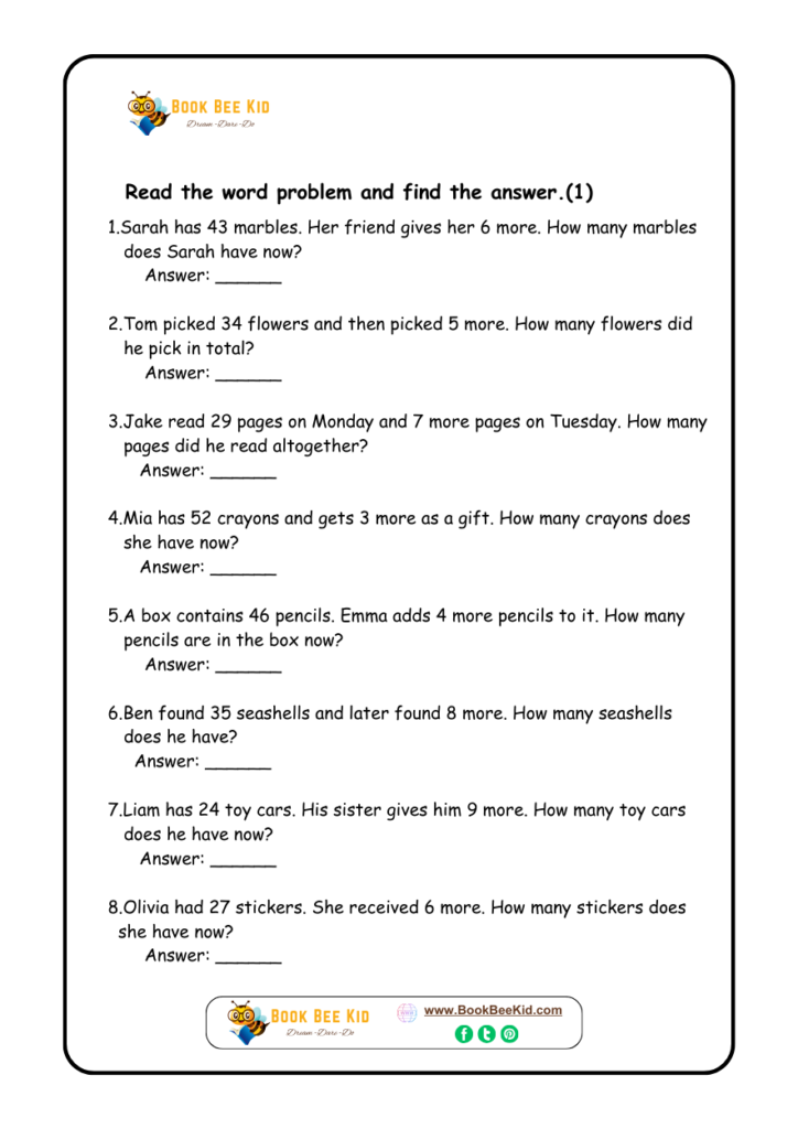 Math worksheet for Grade 03 students- Addition- Word problems