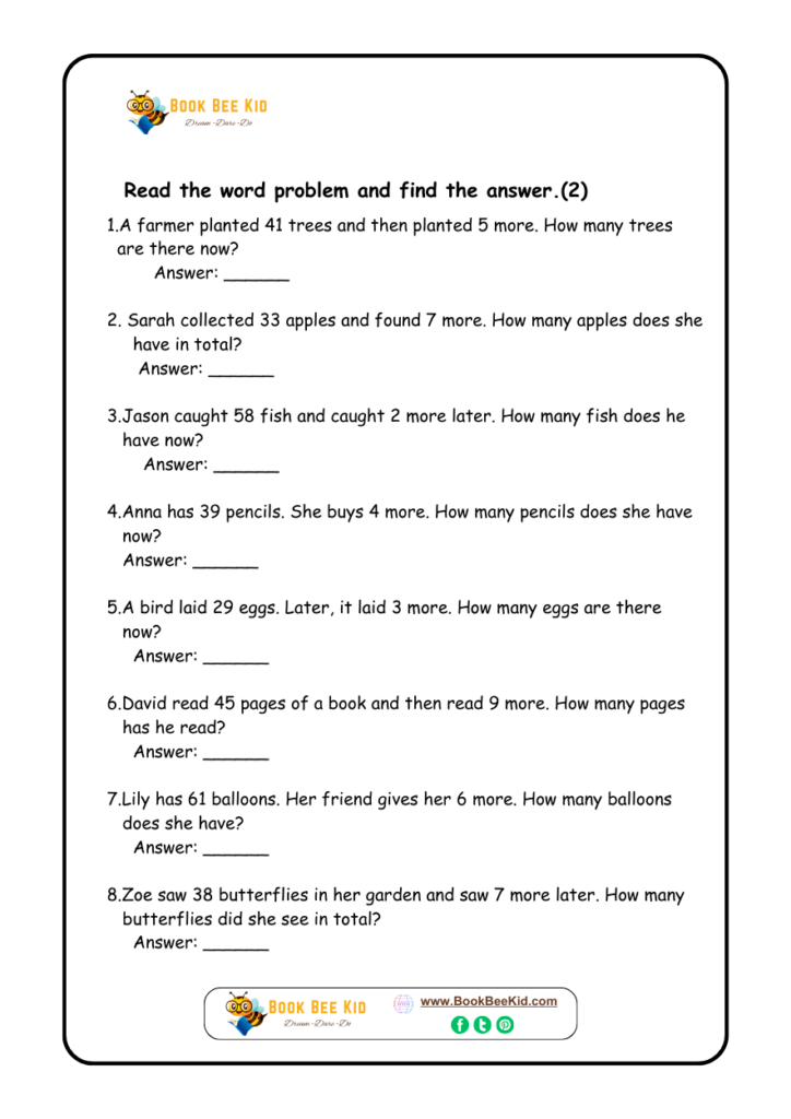 Math worksheet for Grade 03 students- Addition- Word problems