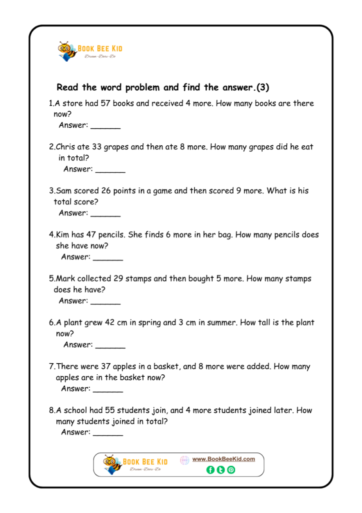 Math worksheet for Grade 03 students- Addition- Word problems