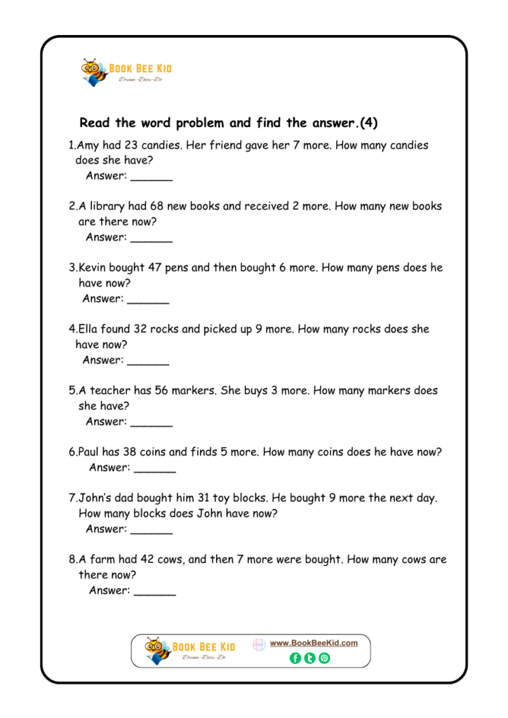 Math worksheet for Grade 03 students- Addition- Word problems