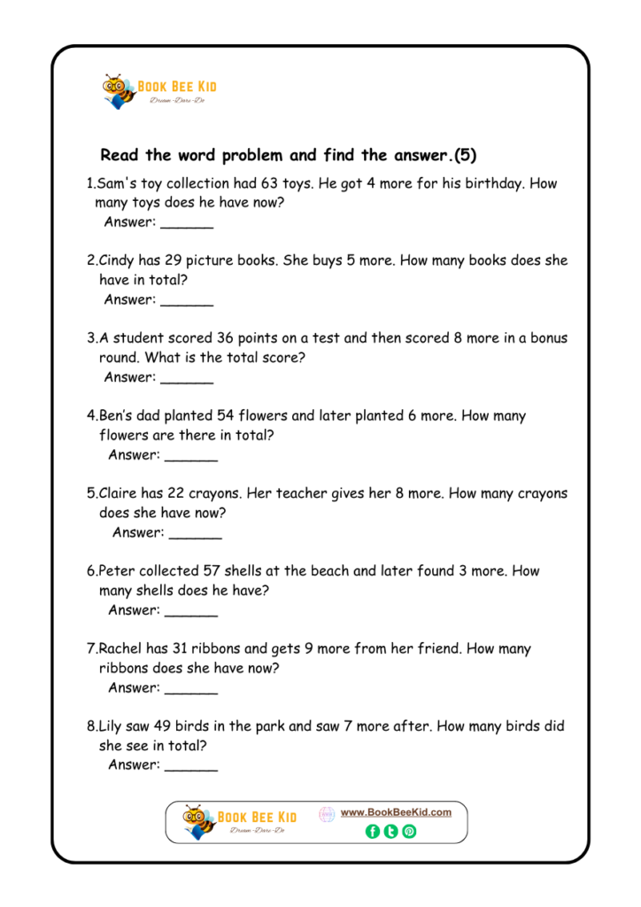 Math worksheet for Grade 03 students- Addition- Word problems