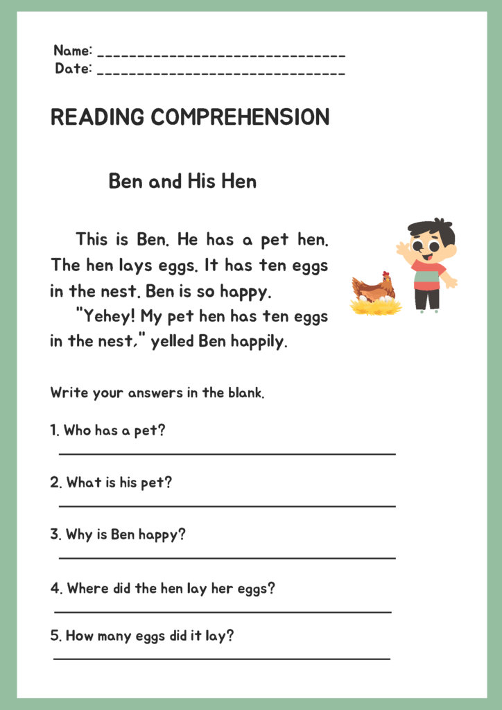 HEN-Story Reading Comprehension Worksheet