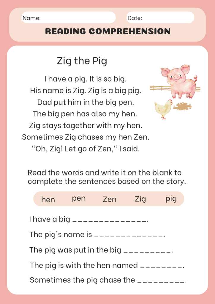PIG-Story Reading Comprehension Worksheet