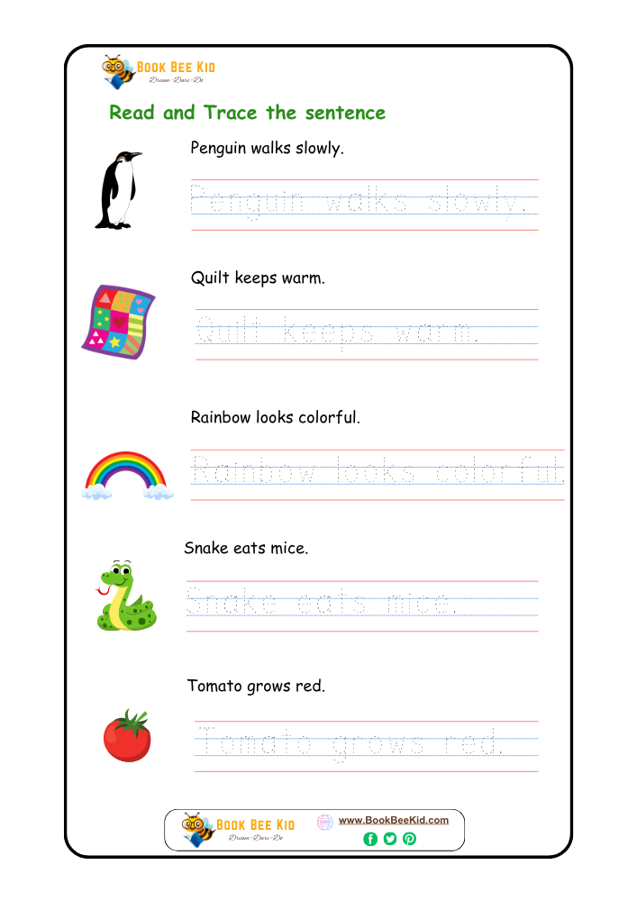 Read and Trace the sentence-Kindergarten worksheet