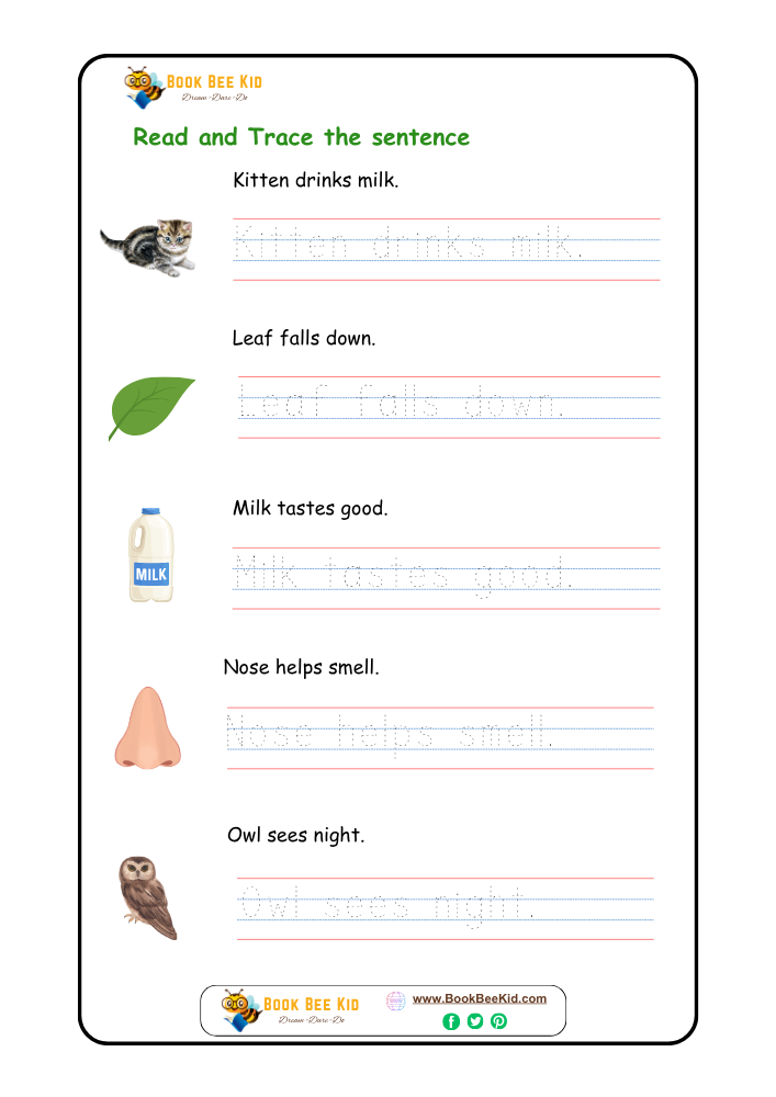 Read and Trace the sentence-Kindergarten worksheet